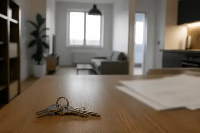 Kľúče a papiere na stole v prenajatom byte.