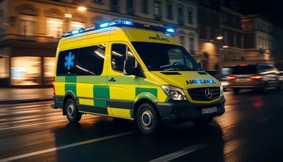 Sanitka s blikajúcimi modrými svetlami v nočnej ulici