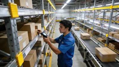 Skladník so skenerom v modernom Amazon Fulfillment Centre v Nemecku s výškovými regálmi a dopravníkovým pásom