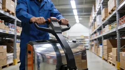 Skladník s elektrickým paletovým vozíkom v modernom rakúskom logistickom centre s organizovanými regálmi