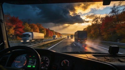 Šofér kamiónu v kabíne moderného ťahača na nemeckej diaľnici s jesennou krajinou v pozadí