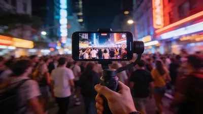 Telefón na stabilizátore live-streamuje veľký dav ľudí na mestskej ulici večer