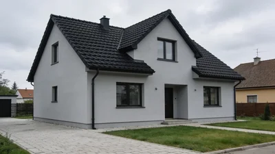 Reálny zateplený rodinný dom s modernou sivou fasádou a sedlovou strechou v slovenskej obci
