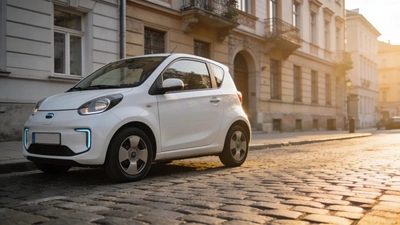 Malé elektrické auto zaparkované na európskej mestskej ulici