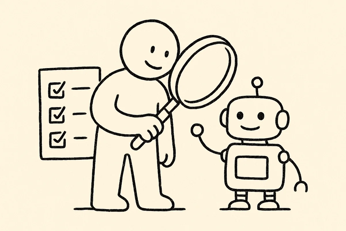 Kreslená ilustrácia robota, človeka a zoznamu pravidiel, ktorá naznačuje súlad a ľudský dohľad nad AI