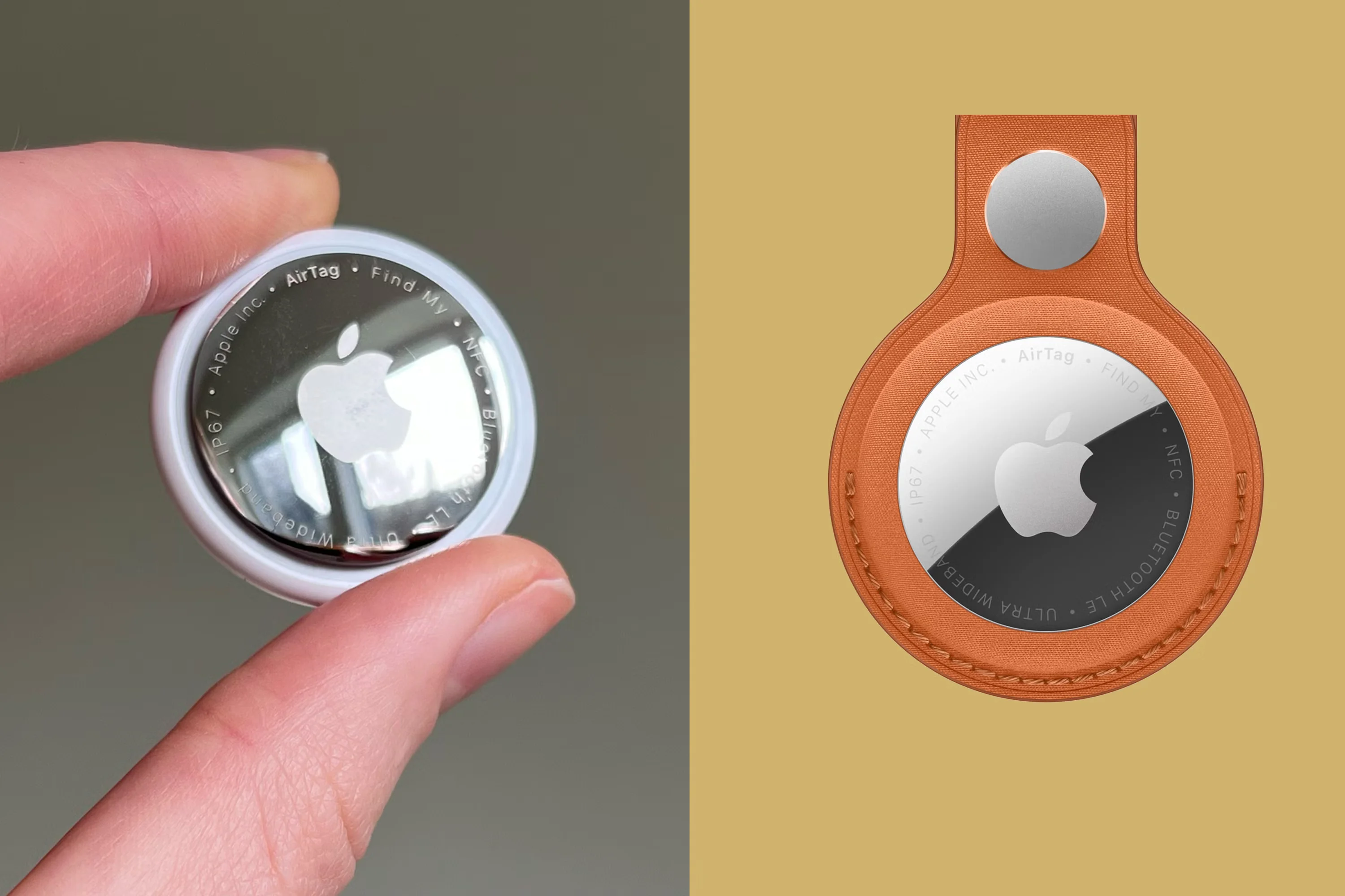 Apple AirTag v ruke a koženom puzdre
