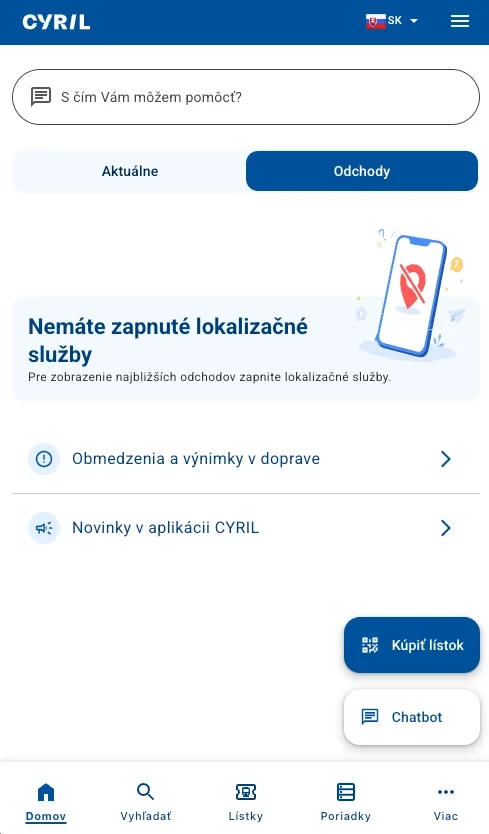 Domovská obrazovka aplikácie Cyril s tlačidlom Kúpiť lístok a chatbotom