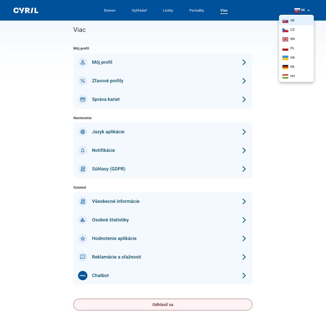 Sekcia Viac v aplikácii Cyril - profil, zľavové profily, správa kariet a nastavenia