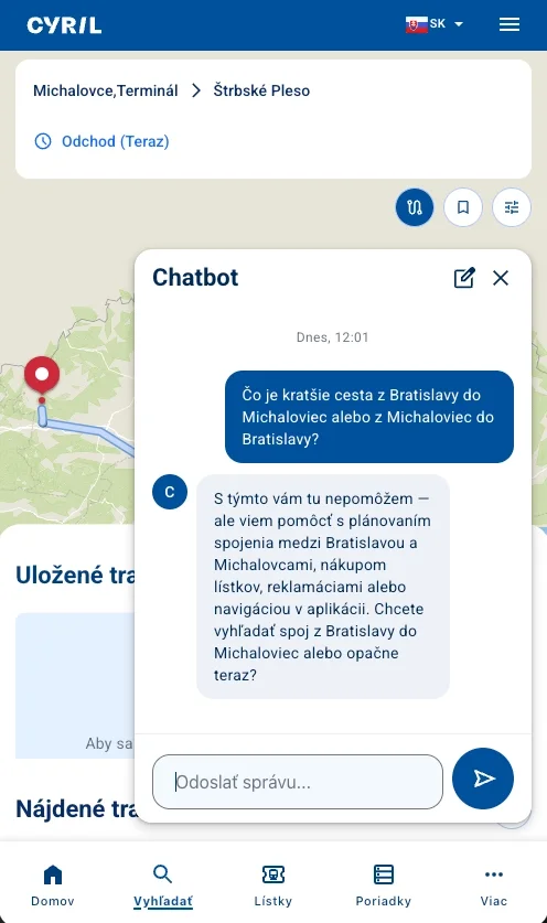 Konverzácia s chatbotom Cyril, ktorý odmieta otázku mimo dopravy a ponúka plánovanie spojenia