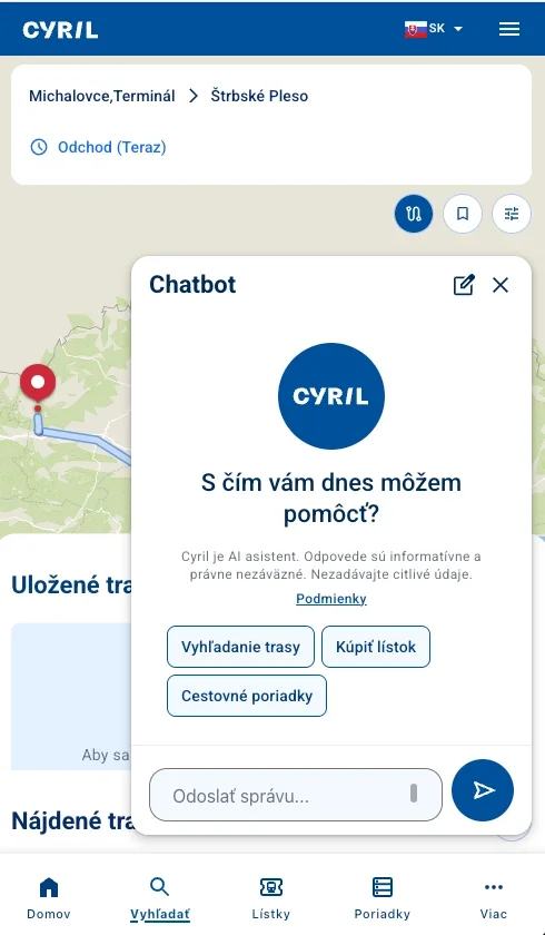 Otvorený AI chatbot v aplikácii Cyril s voľbami Vyhľadanie trasy, Kúpiť lístok a Cestovné poriadky