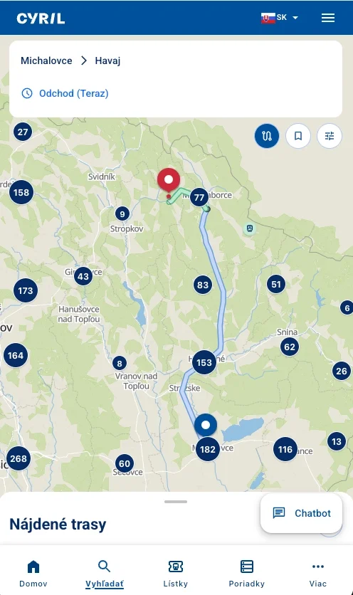 Plánovanie trasy Michalovce - Havaj na mape v aplikácii Cyril