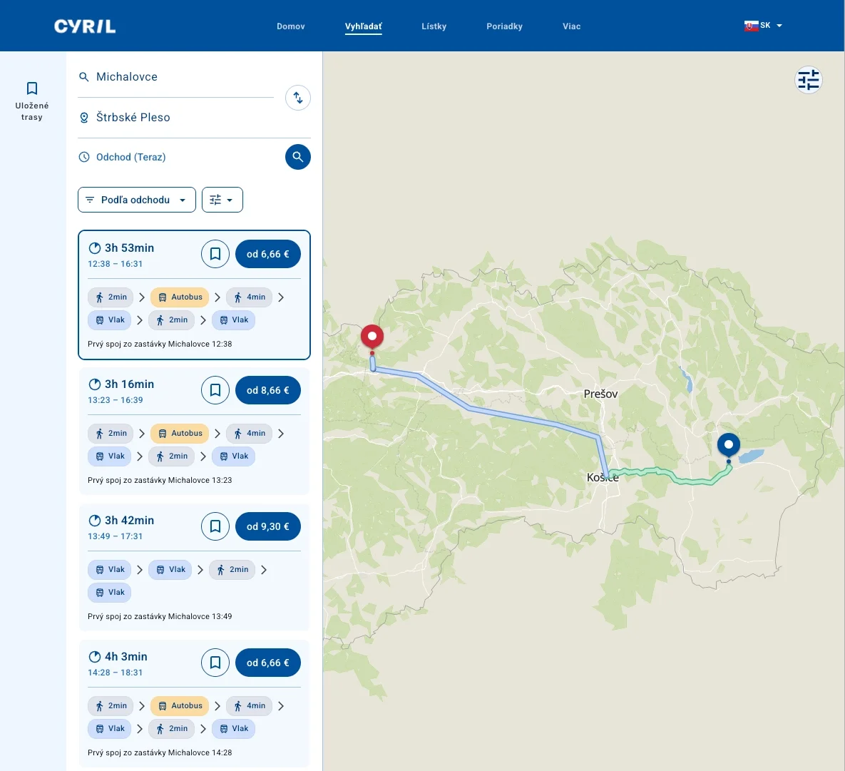 Výsledky vyhľadania trasy Michalovce - Štrbské Pleso v aplikácii Cyril s časmi, prestupmi a cenami od 6,66 eura