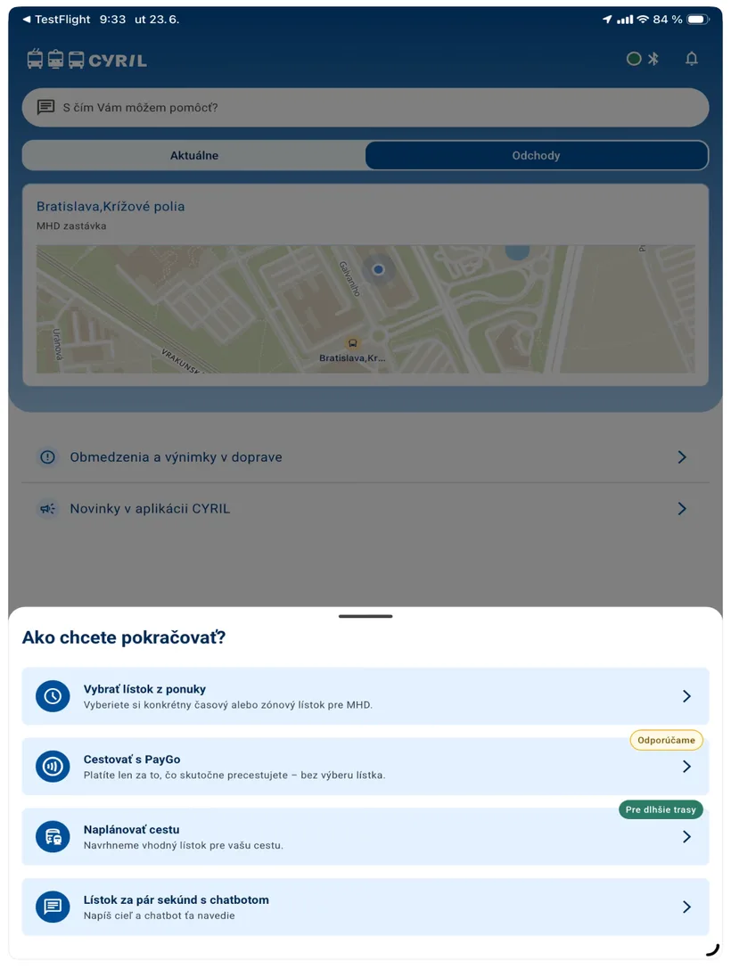 Aplikácia Cyril na displeji - výber PayGo, plánovanie cesty a chatbot