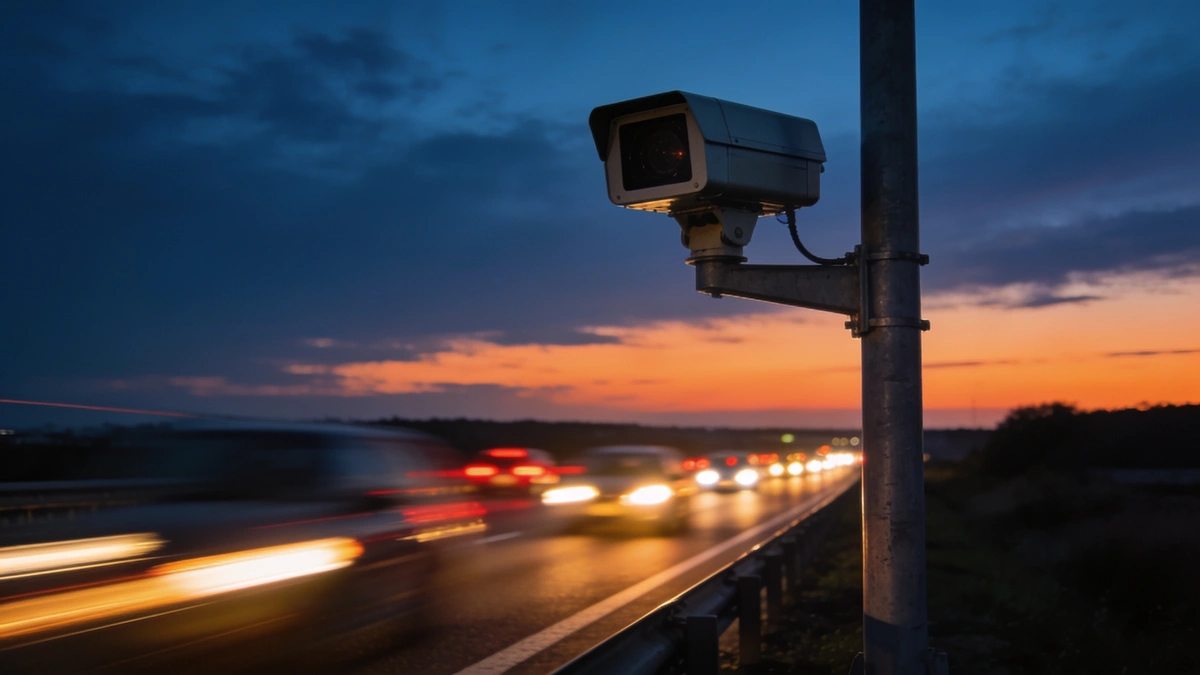 Radar merajúci rýchlosť pri diaľnici za šera