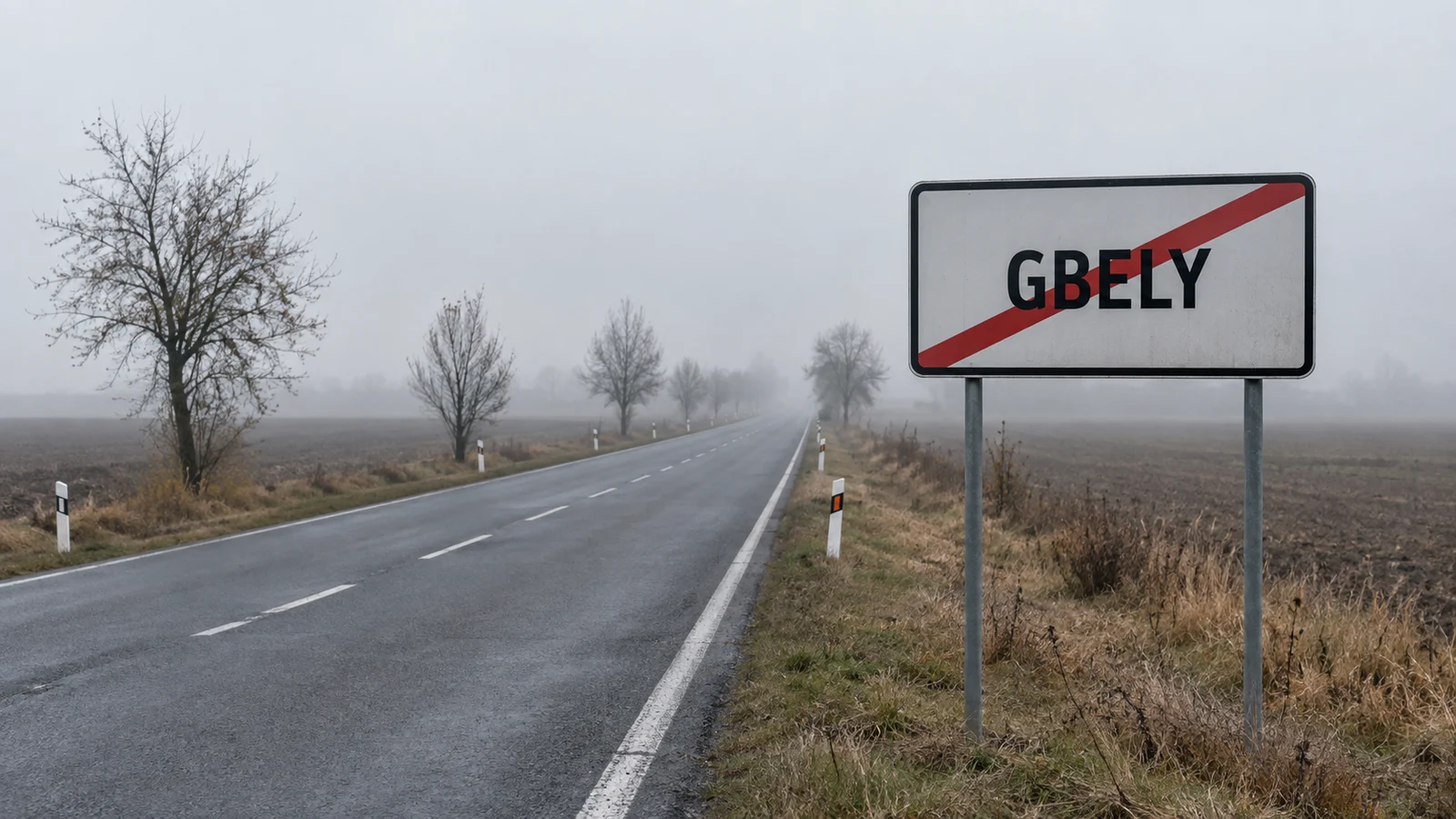 Prečiarknutá koncová dopravná tabuľa Gbely pri prázdnej ceste miznúcej v hmle