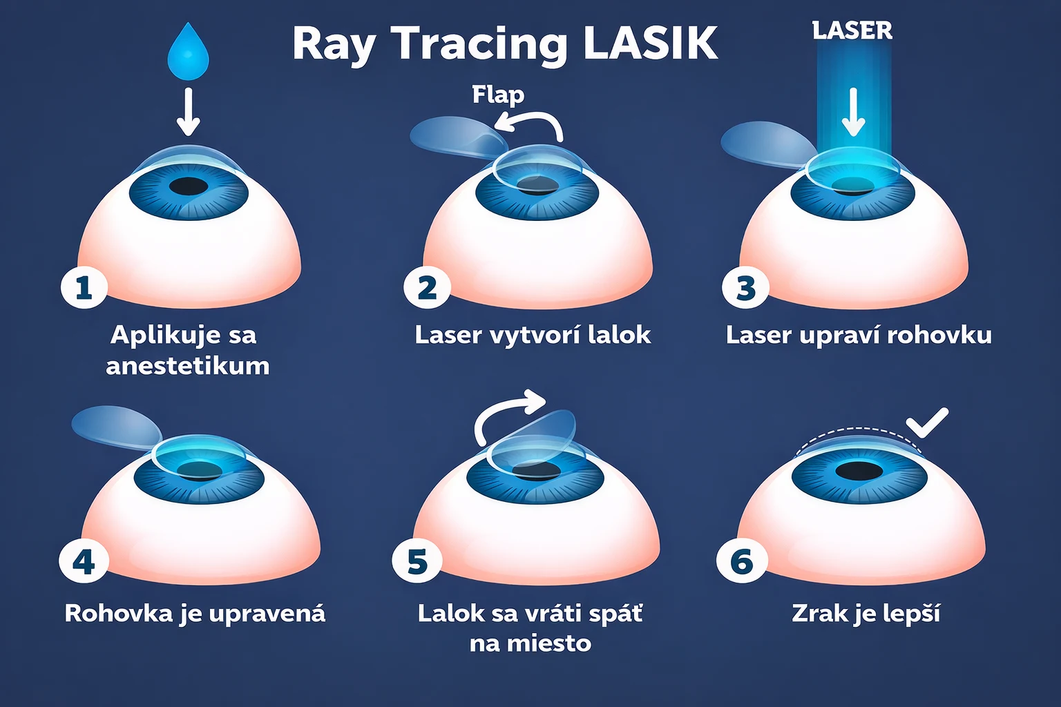 Šesť krokov Ray Tracing LASIK zákroku: anestetikum, vytvorenie lalok, úprava rohovky, dokončenie, návrat lalok, výsledok